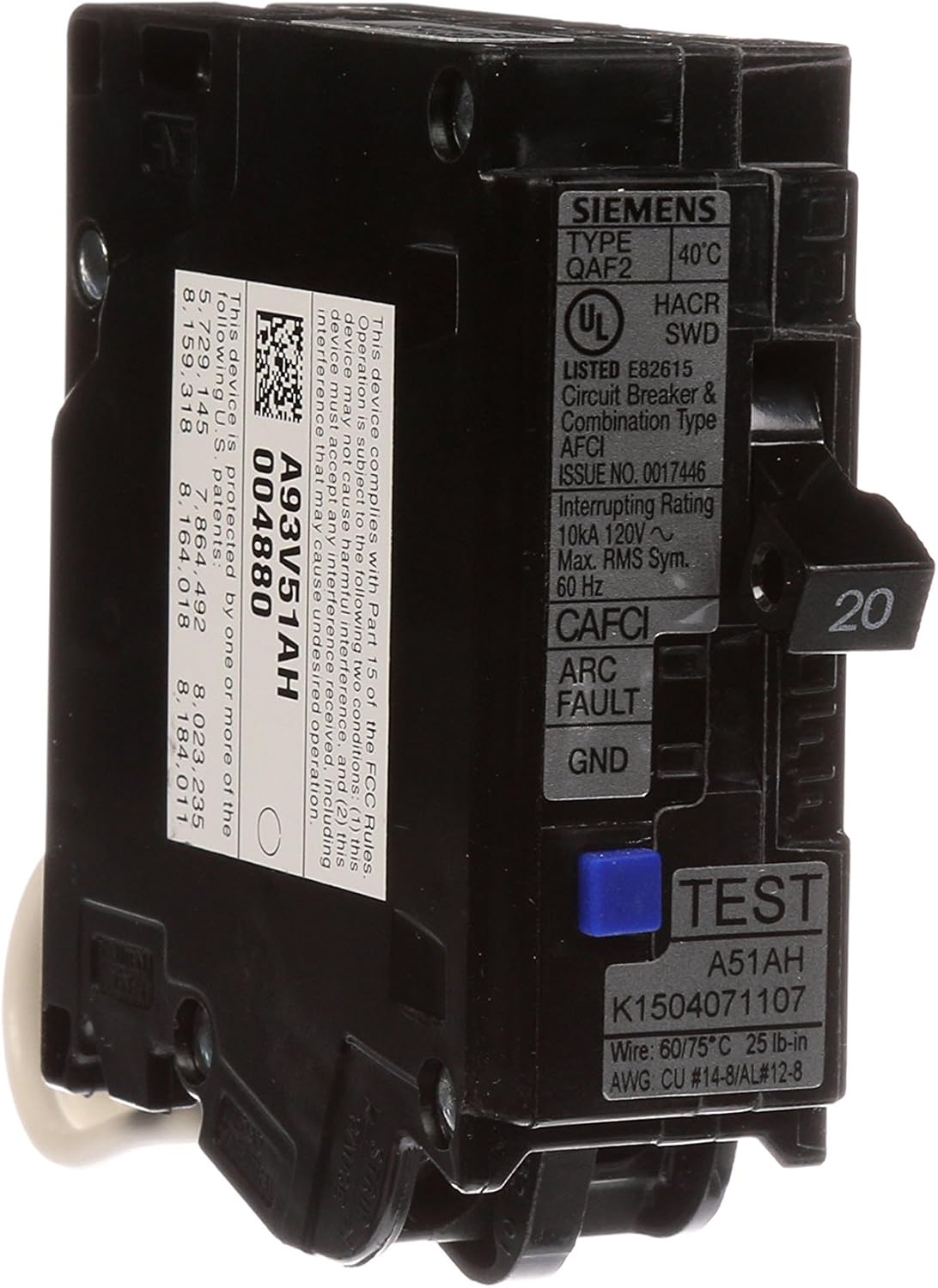 Siemens QA120AFCP 20-Amp Single Pole 120-volt Plug-On Combination AFCI Breaker - - 