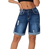 roswear Women’s Wide Leg Bermuda Shorts High Waisted Stretchy Distressed Baggy Denim Jean Shorts