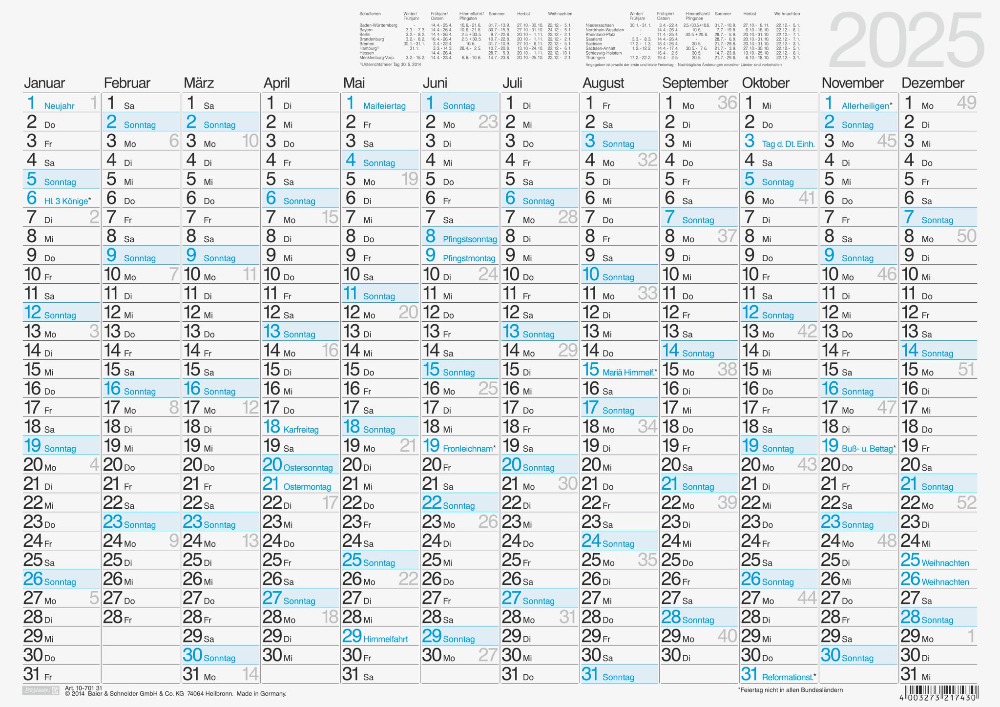 BRUNNEN Blackboard Calendar 2025 | A3 Landscape