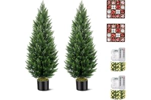 VITALISMO Artificial Cedar Trees 4ft Tall 2 Set, Fake Cypress Topiary Trees with LED String Lights and Christmas Ball Hangings, Outdoor Indoor Faux Pine Shrubs Plants for Home Front Door Living Room