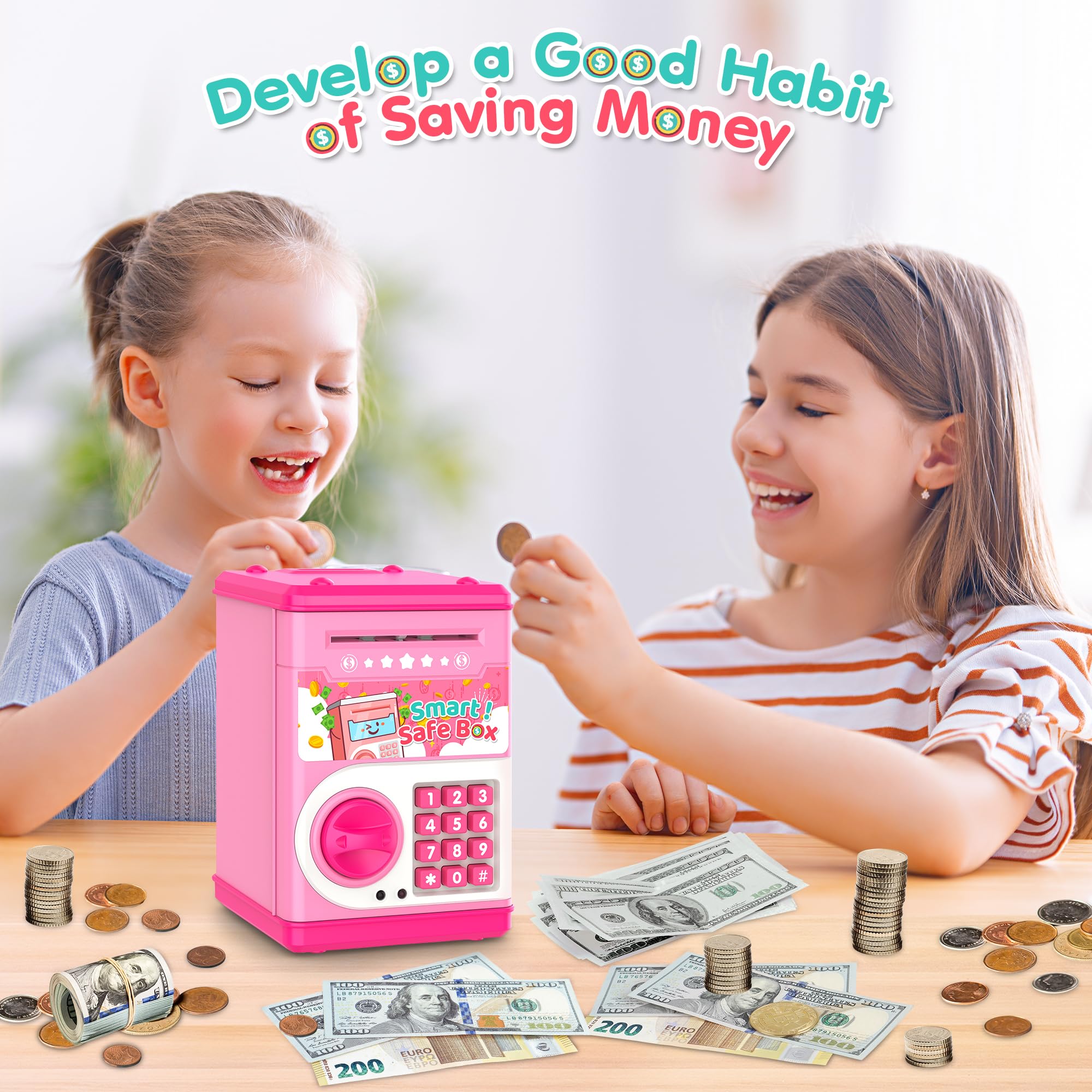 Pink Piggy Bank for Kids with Password Code Lock and Auto Grab Bill Slot, PhilaeEC Real Money Cash Coin Can Saving Box Electronic Money Safe Bank, Hot Gift for 4 7 8 9 10 11 Year Old Boys Girls