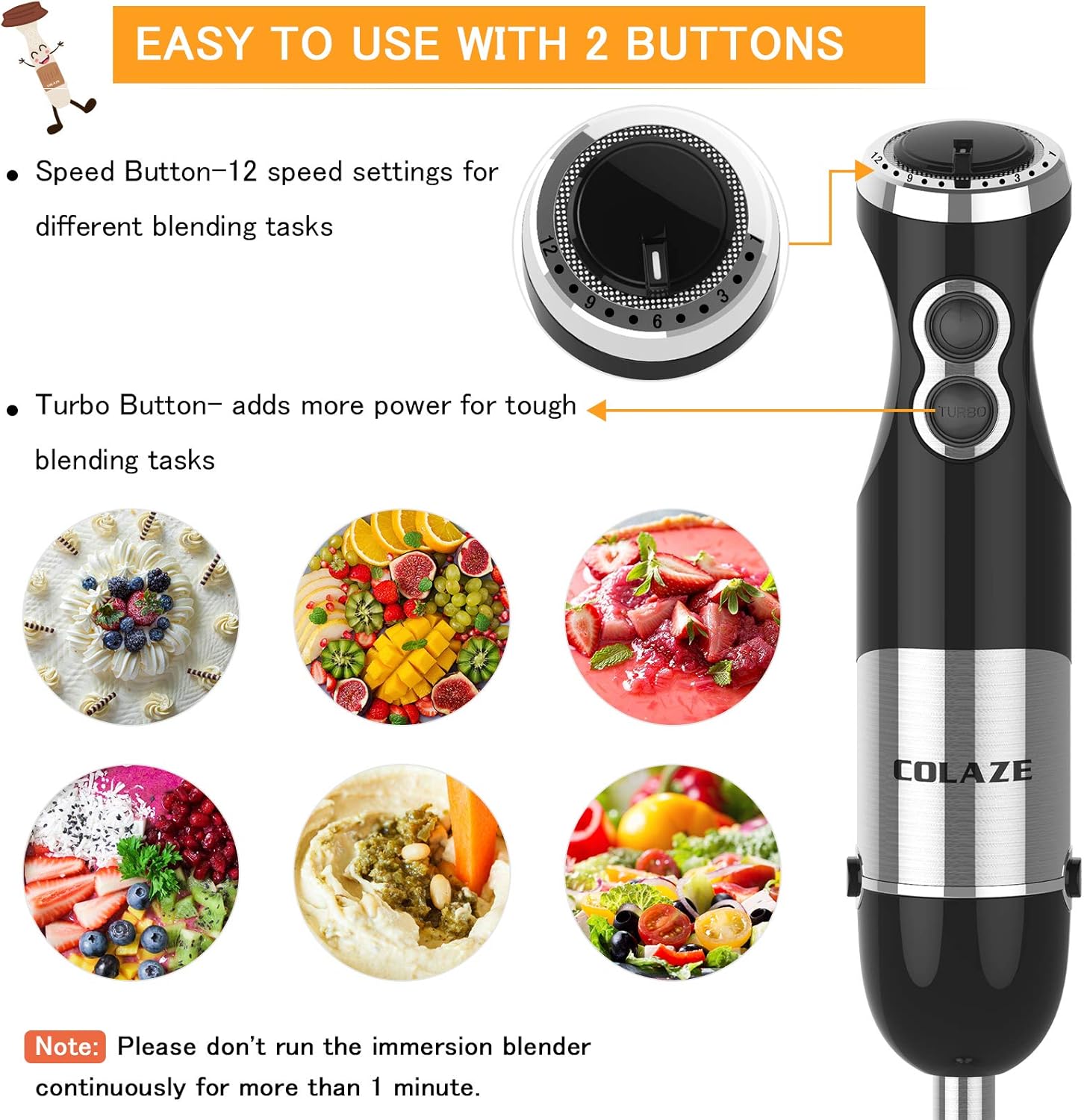 Immersion Hand Blender Handheld, COLAZE【5-in-1】800W 12 Speed Control Multifunctional Electric Stick Blender with Stainless Steel Blades, 500ml Chopper, 600ml Container, Egg Whisk, Milk Frother: Kitchen & Dining