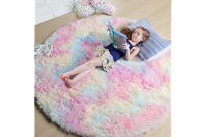 Amdrebio Rainbow Fluffy Round Rug 7Ft Kids Rugs for Girls Bedroom, Unicorn Room Decor, Colorful Pastel Big Large Carpet for Baby Nursery Playroom, Cute Shaggy Kawaii Circle Area Rug for Teen Princess