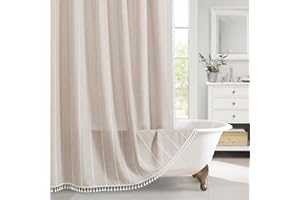 MitoVilla Boho Farmhouse Fabric Shower Curtain, Tan Brown Modern Polyester Linen Shower Curtains for Vintage Rustic Bathroom Decor, Country Tassel Thick Cloth Shower Curtain, Taupe, 72 x 72