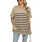 iChunhua Oversized T Shirts for Women Striped V-Neck Short Sleeve Casual Tee Summer Knit Sweater Tops
