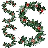 3 Pieces Christmas Garland Red Berry Green Garland 5.7 ft Artificial Christmas Red Berry Flower Vine Winter Holly Leaves Outdoor for Fireplace Home Decor(Green)