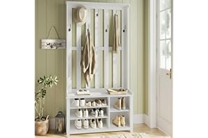 VASAGLE Hall Tree with Bench and Shoe Storage, Coat Rack with Shoe Bench, 7 Double Hooks for Jackets, Hats, Entryway, Bedroom, Living Room, 13.8 x 31.9 x 70.9 Inches, Matte White UHSR414WB01S