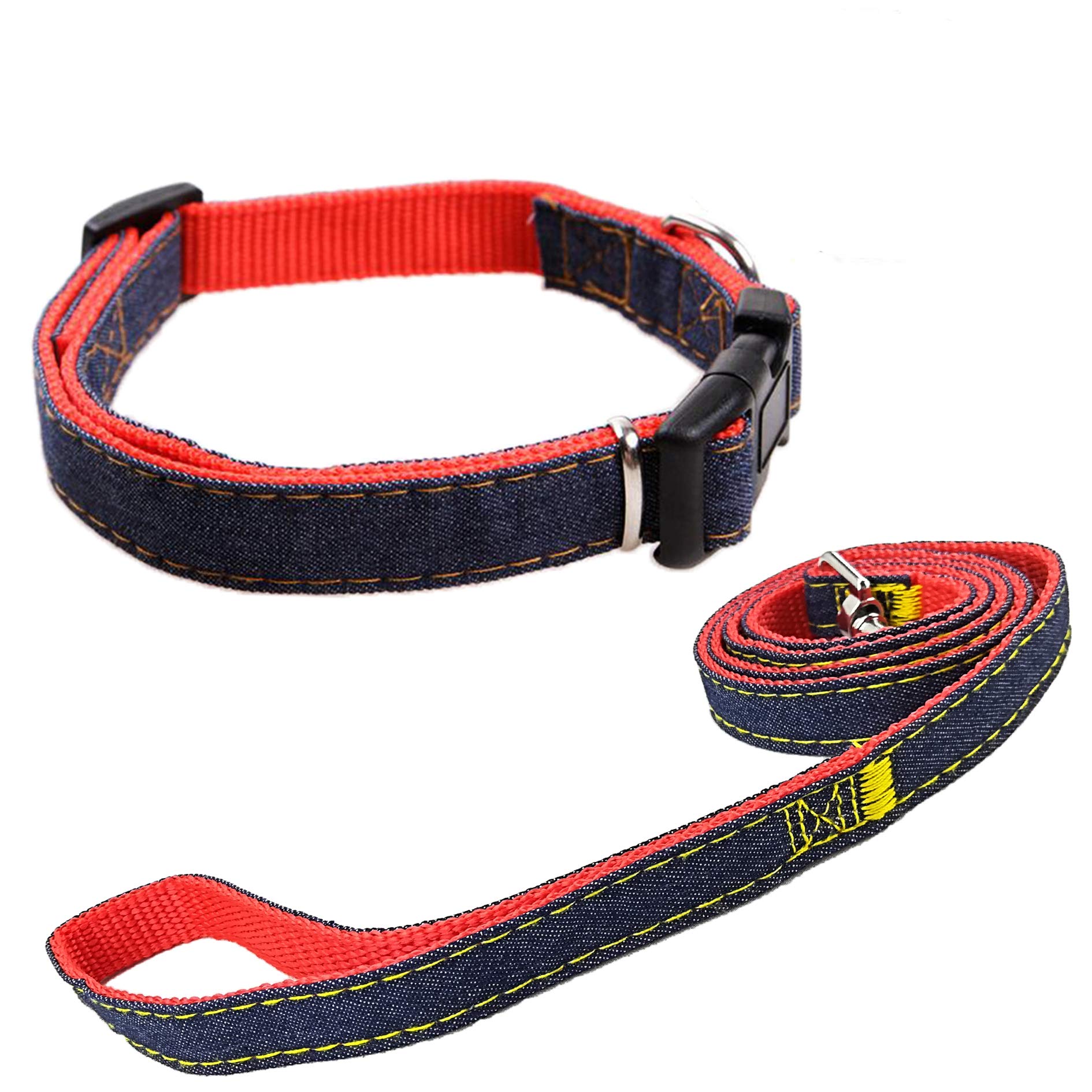 Newtensina Fashion Dogs Collar and Leash Set Denim Cloth Puppy Collar with Leashes for Dogs - Red - S