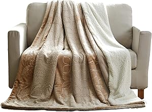 Tache 90x90 Warm Embossed Bubbly Champagne Beige Soft Flannel Sherpa Back Throw Bed Blanket, Queen Size