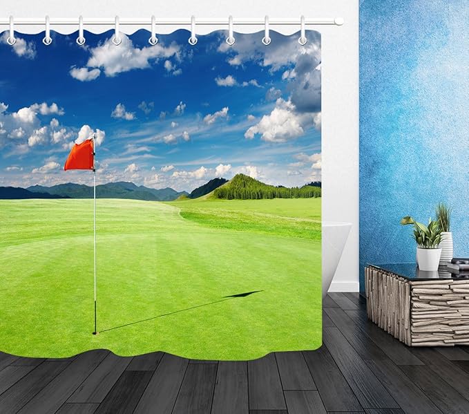 LB Golf Course Flag Mountain Blue Sky Shower Curtain Set