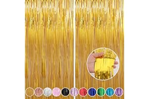 Crosize 2 Pack 3.3 ft x 8.2 ft Gold Foil Fringe Curtains Party Decorations, Gold Tinsel Curtain Backdrop for Parties, Door Streamers, Glitter Streamer Fringe Backdrop for Birthday Decoration