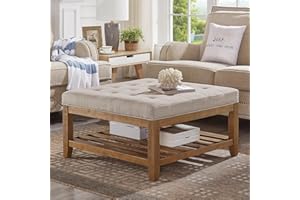24KF Large Square Upholstered Tufted Linen Ottoman Coffee Table, Large Footrest Ottoman with Solid Wood Shelf-Linen