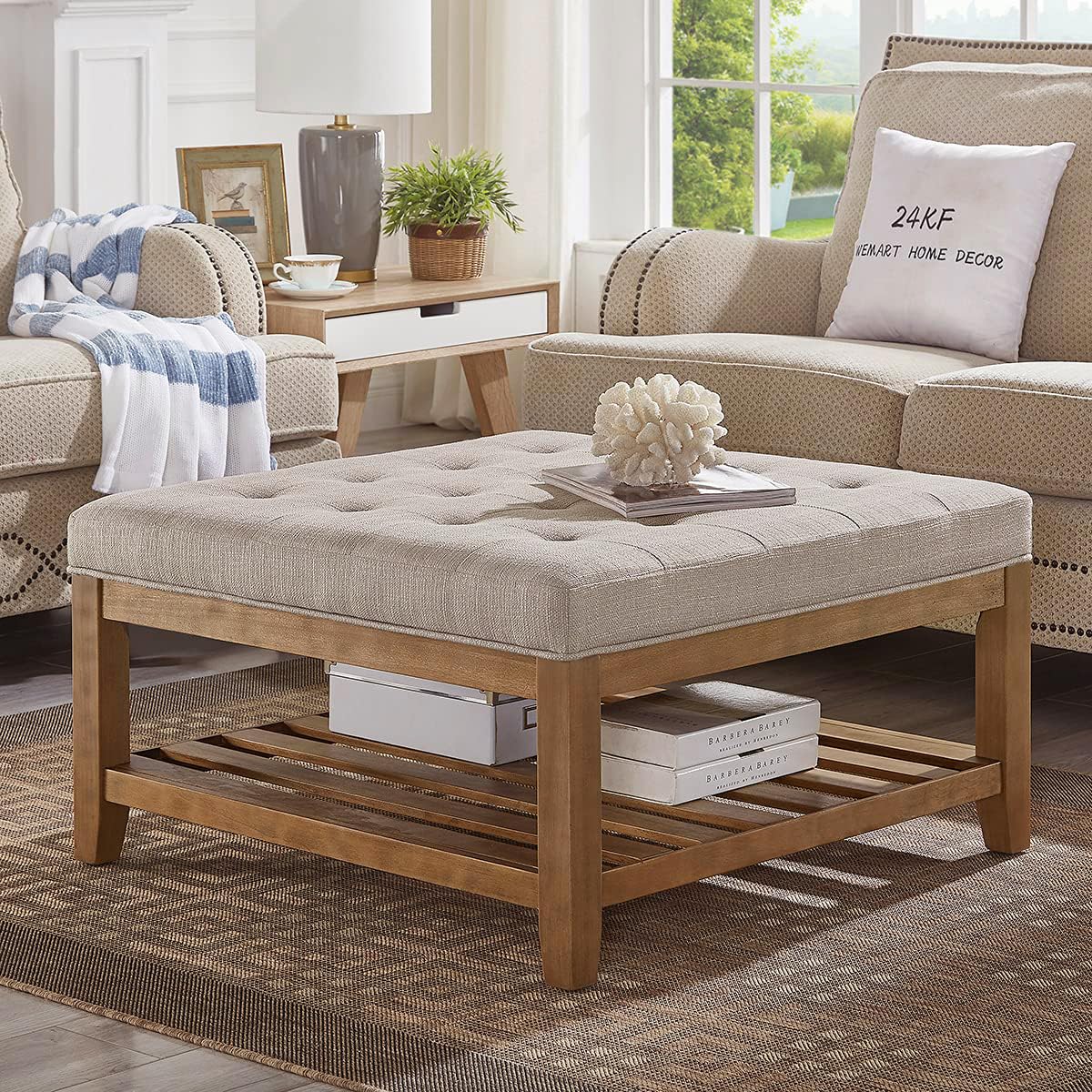 Photo 1 of 24KF Large Square Upholstered Tufted Linen Ottoman Coffee Table, Large Footrest Ottoman with Solid Wood Shelf-Linen
