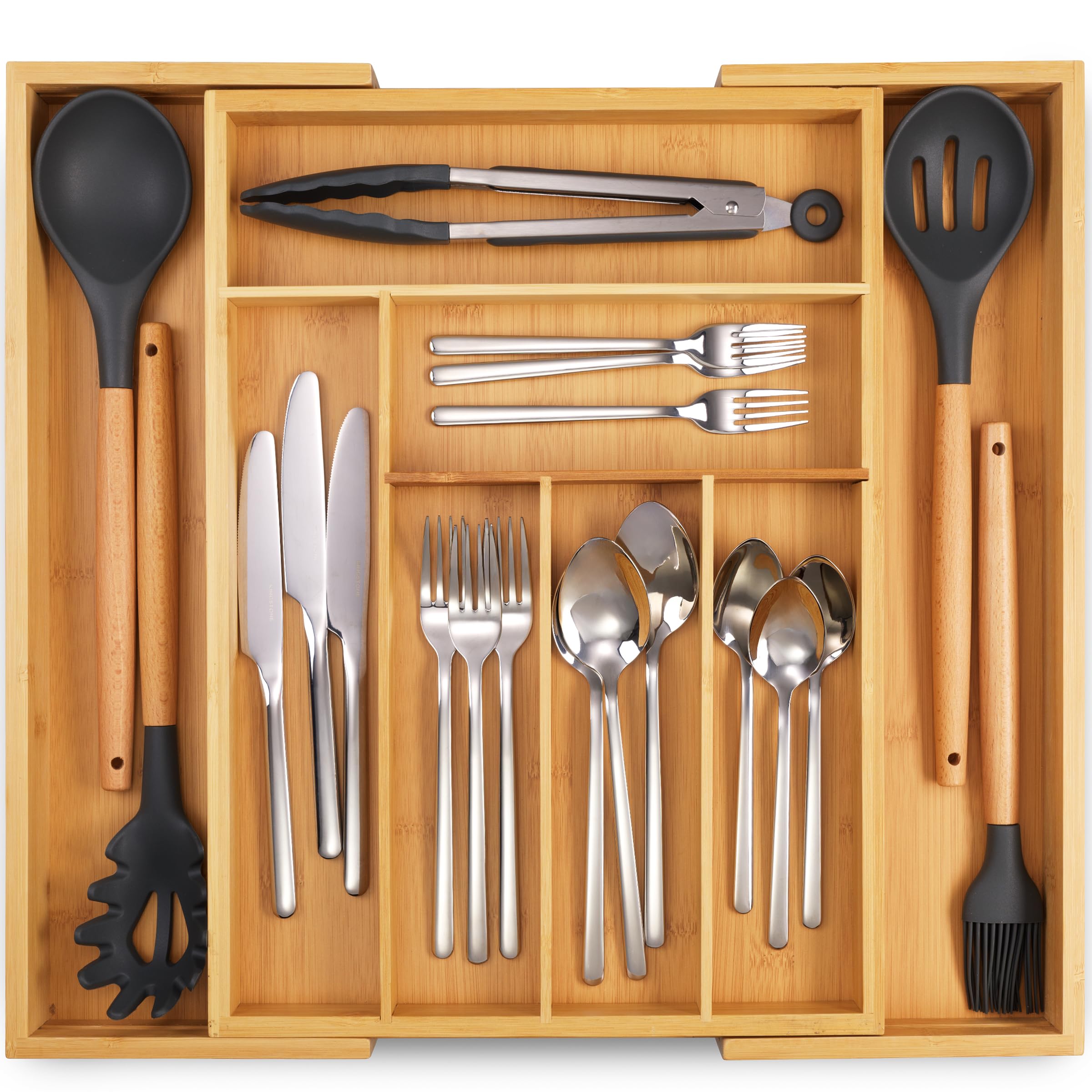 Bamboo Kitchen Drawer Organizer - Easily Adjust the Wooden Tray Width to Drawer Size, Deep Enough to Fit Entire Drawer and Accommodates Different Kitchen Utensil and Cutlery Sizes.