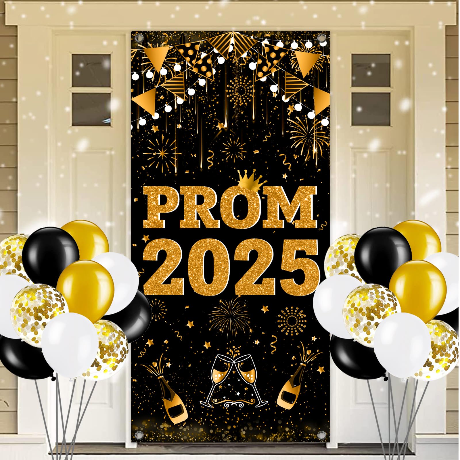 Photo 1 of Prom Send Off Decorations 2025 Door Banner, Black and Gold Prom Banner for Door 2025 Prom Decorations Door Banner with Balloons for High School College Graduation Party Decor