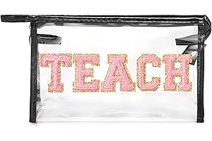 CY2SIDE TEACH Clear Makeup Bag - Pink TEACH Letter Patch Cosmetic Bag with Handle for Travel PVC Zipper Clear Travel Bags for Toiletries Waterproof Portable Travel Organizer Teacher Appreciation Gifts