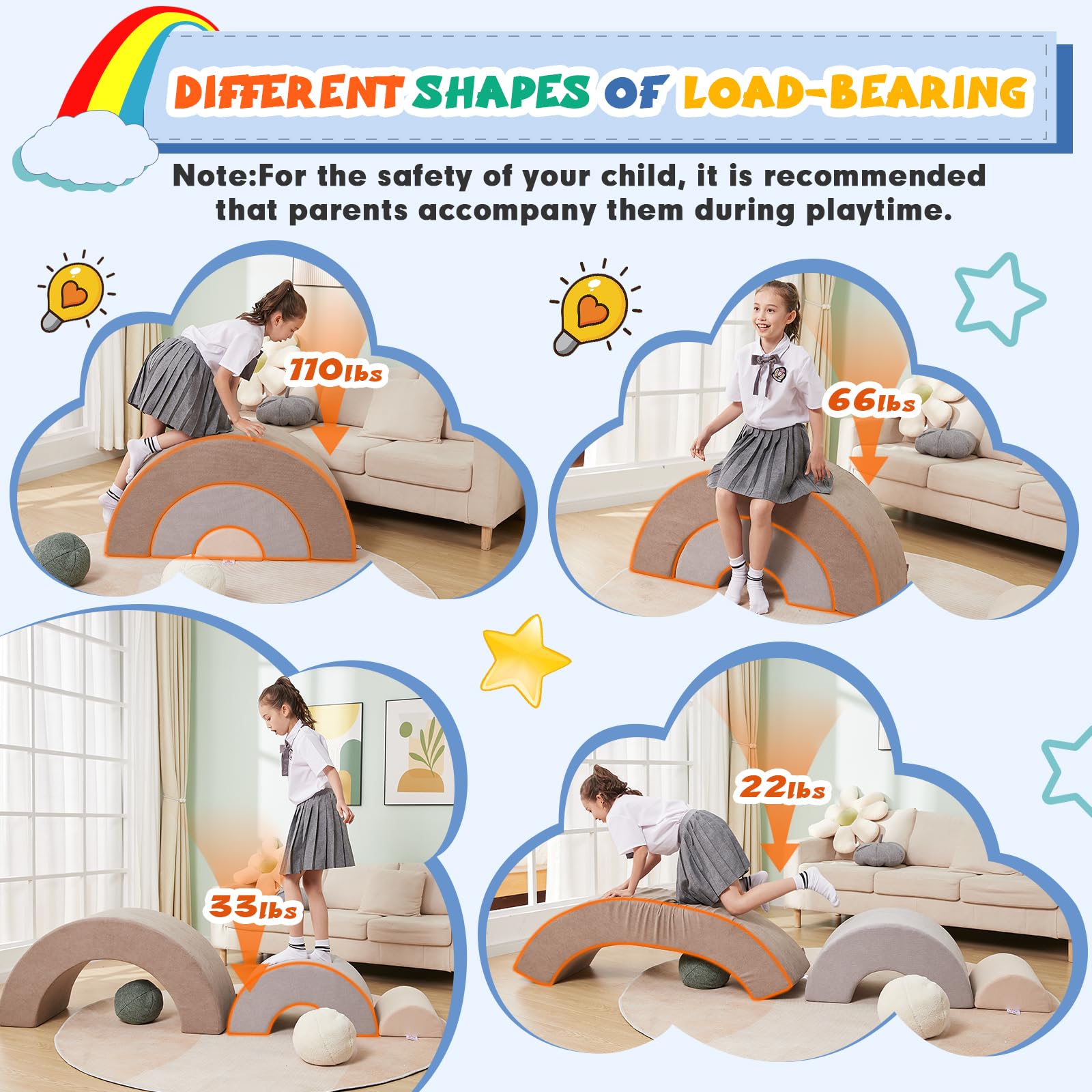 Jela Kids Couch, Soft Play Equipment Playset Rainbow, Foam Blocks for Toddlers 1-10, Climbing Blocks, Crawling Tunnel, Beige