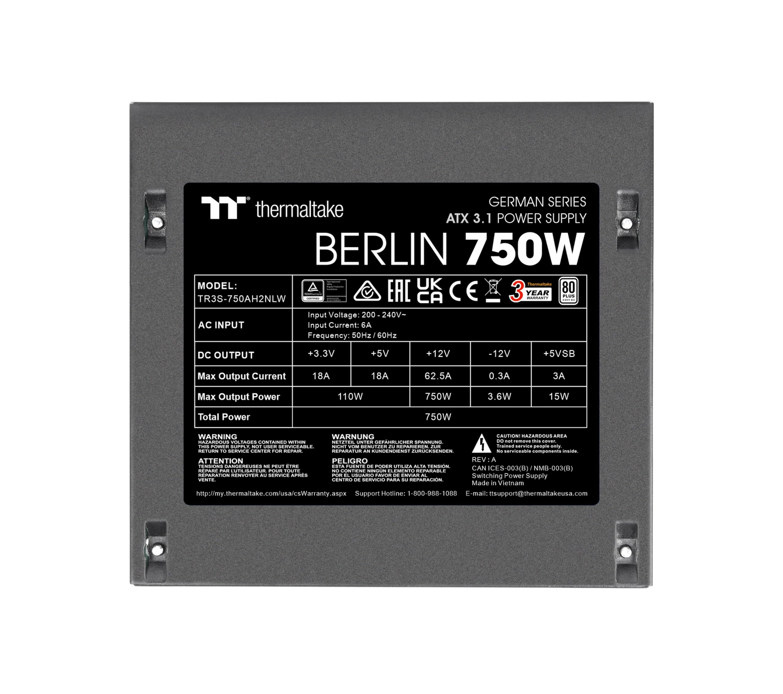 Thermaltake Berlin 750W Netzteil | German Series | ATX 3.1 | PCIe 5.1 12V-2x6 (12+4) | 80 Plus White | Non-Modular | Leiser 120mm Lüfter | DC-to-DC 2