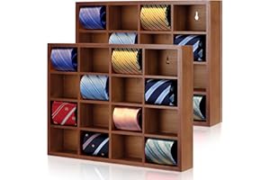 Wesiti Tie Box Organizer Wall Mounted Tie Rack with 16 Compartments Bamboo Belt Holder for Men Scarf Necktie Home Wall Closet(Dark Brown Color,2 Piece)