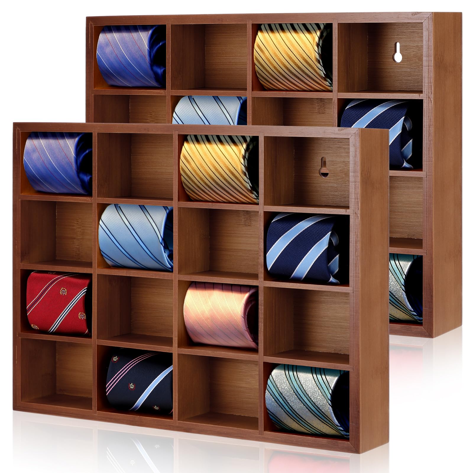 Photo 1 of Wesiti Tie Box Organizer Wall Mounted Tie Rack with 16 Compartments Bamboo Belt Holder for Men Scarf Necktie Home Wall Closet(Dark Brown Color,2 Piece)