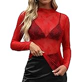 CEROROW Womens Mesh Long Sleeve Tops Mock Neck Sexy See Through Tee Shirts Party Club Night Lace Blouse