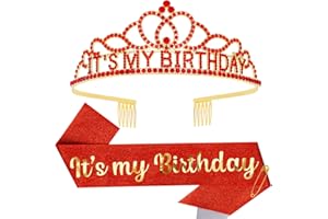 Araluky Red Birthday Crown - Glitter Its My Birthday Sash, Tiara & Hat for Parties & Decorations