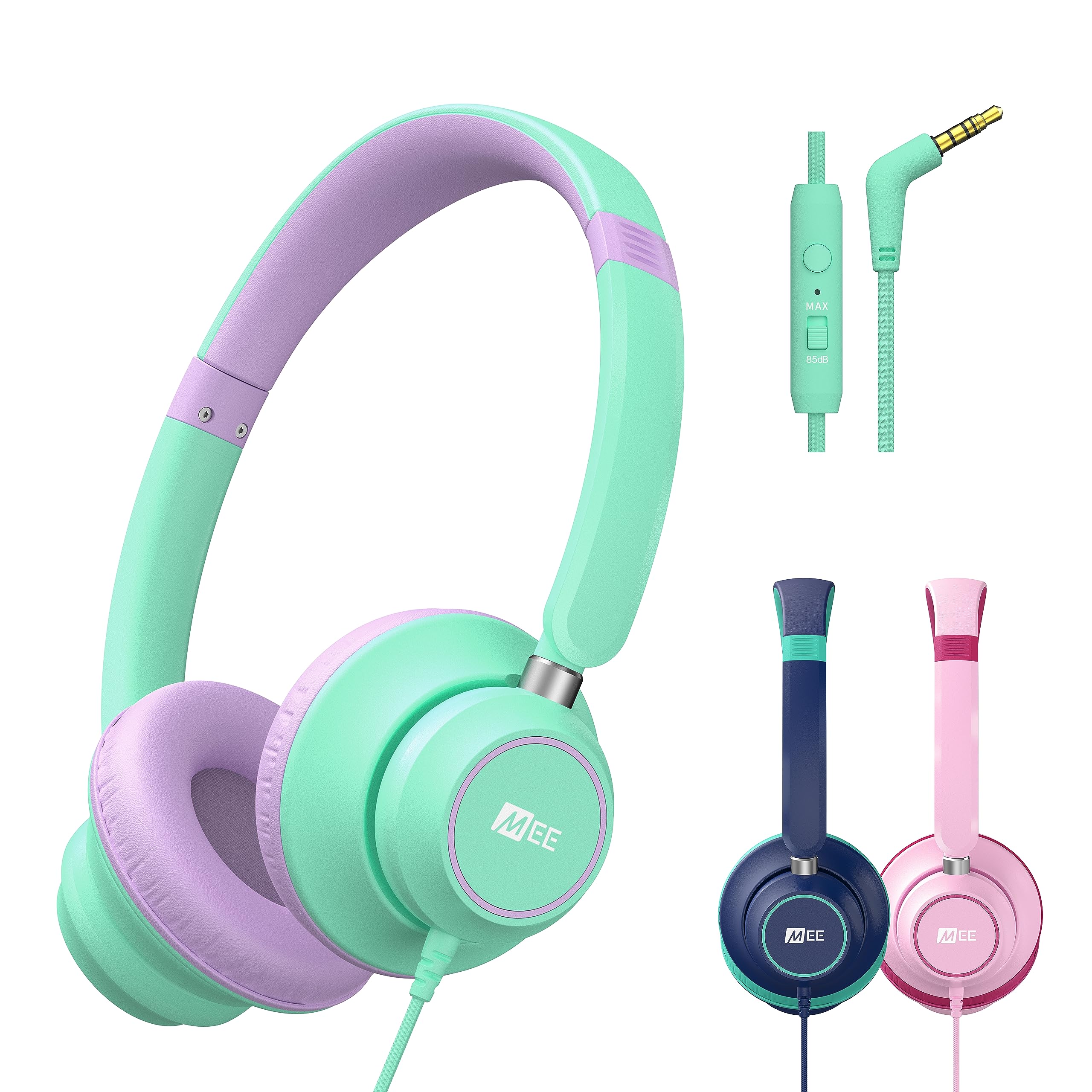 MEE audio KidJamz KJ45 Children’s Safe Listening Headphones with Volume Limiter & Microphone, Adjustable On-Ear Kids Headset Wired w/3.5mm Jack for Online Learning/School/Travel/Tablet (Mint/Lavender)