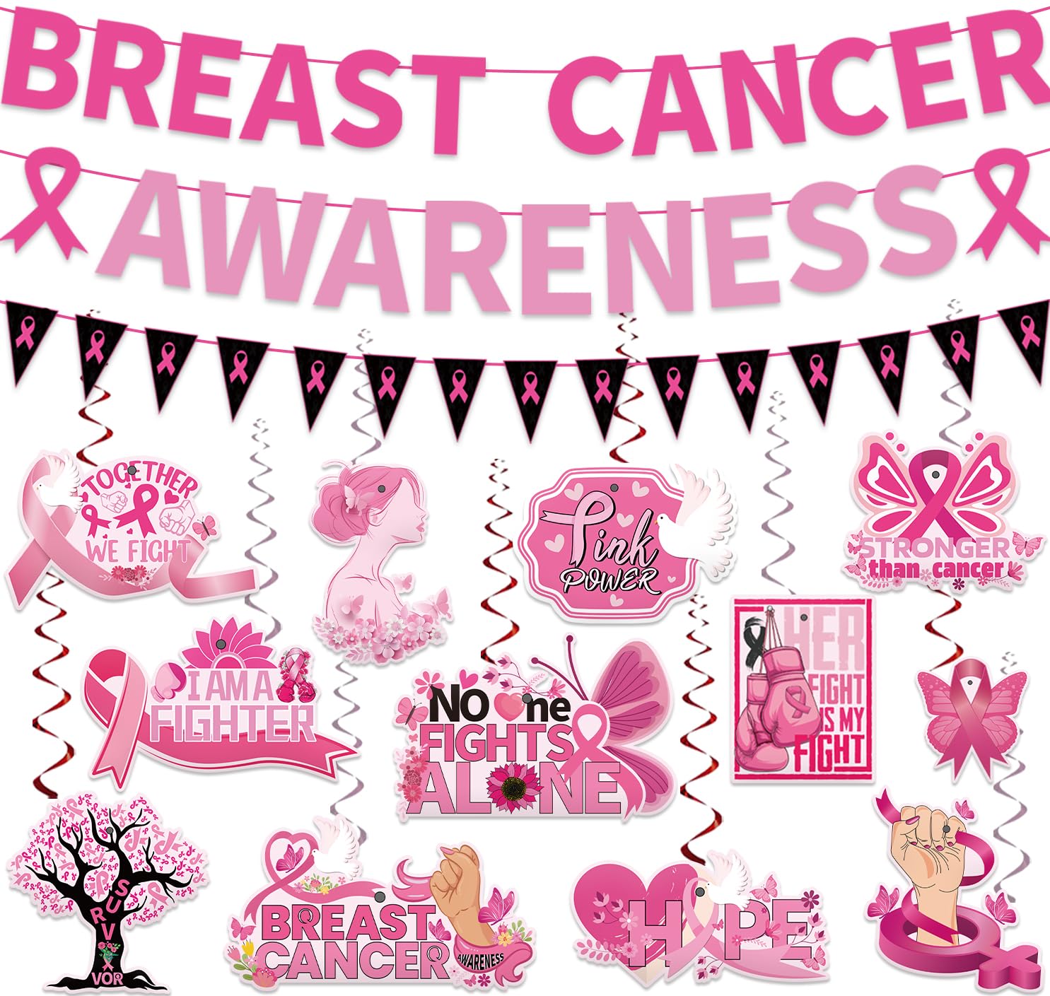Photo 1 of Breast Cancer Awareness Decorations Banner Set Include Breast Cancer Awareness Banner and Pink Ribbon Hope Faith Hanging Swirls for Charity Activity Party Supplies