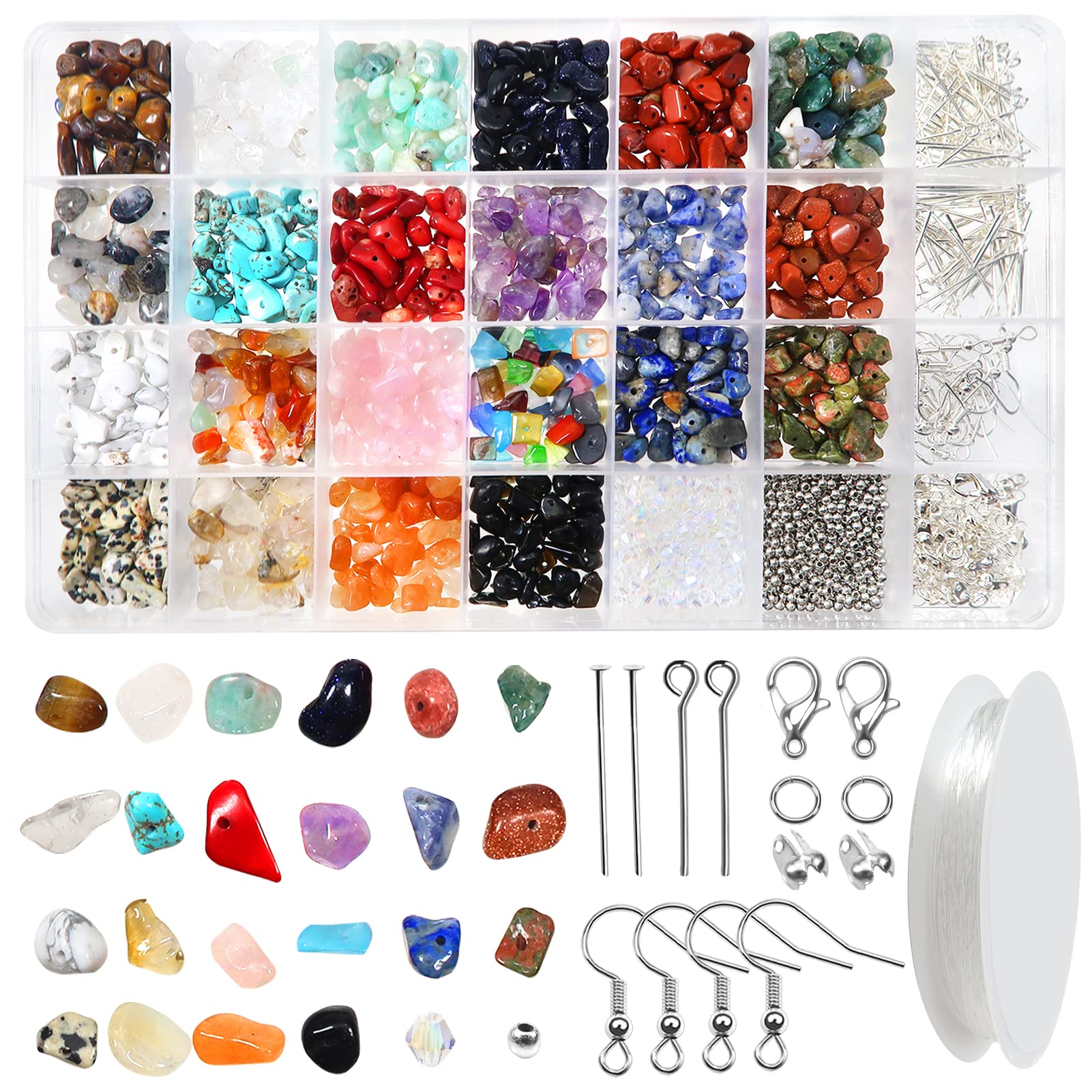 TOAOB 1610pcs Gemstone Chip Beads 22 Color Crystal Beads 5mm to 8mm Natural Irregular Crushed Chip Drilled Stone with Jump Rings Hooks Jewellery Pins for Jewelry Making DIY Bracelet Necklace