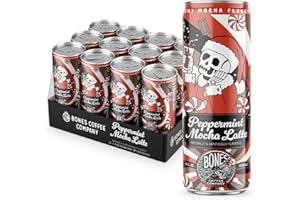 Bones Coffee Company Peppermint Mocha Latte Flavored Coffee, Medium Roast Ready To Drink Iced Coffee in Can, 11 Fl Oz Can (12 Pack)