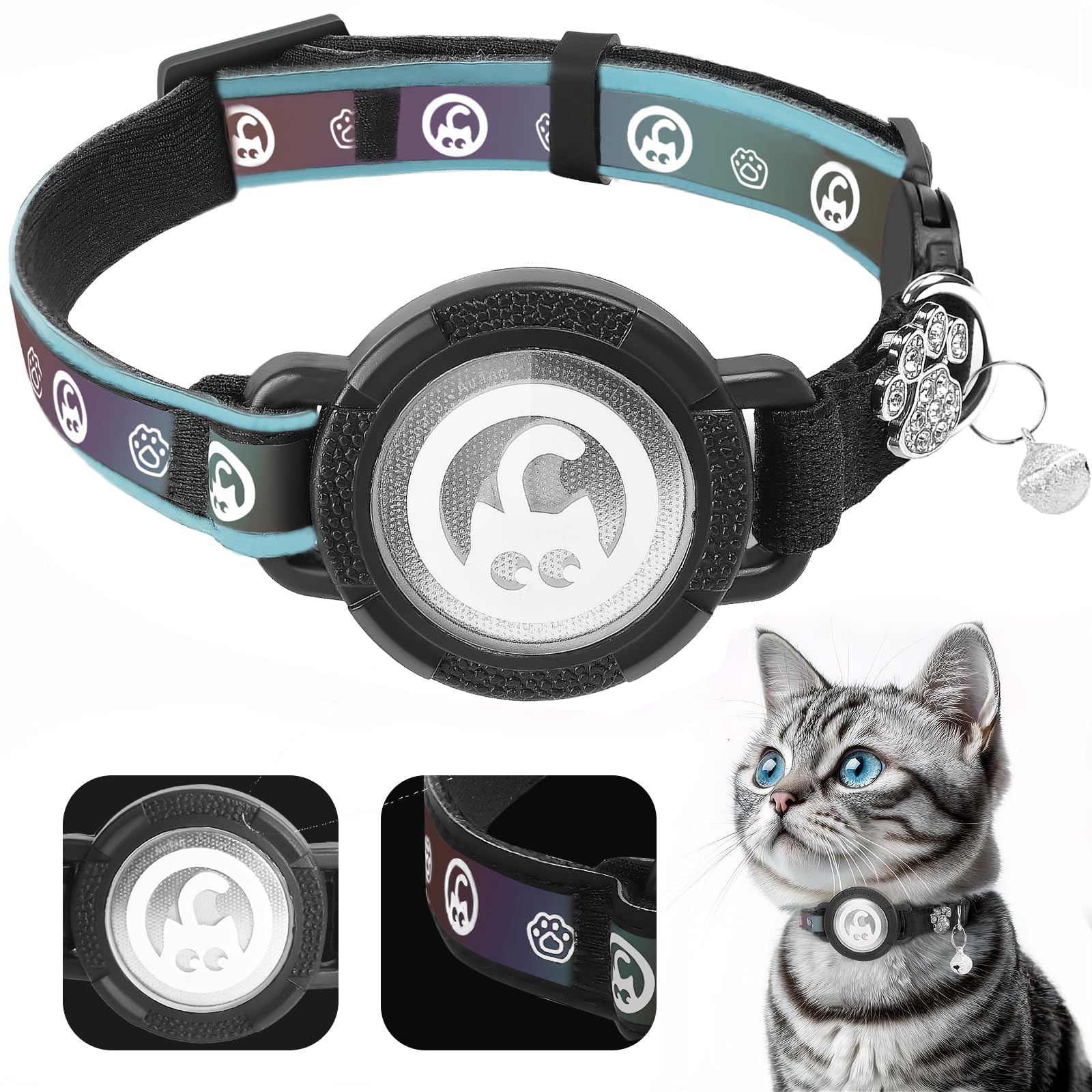 PALAMEDE for Airtag Cat Collar | Waterproof Cat Collar Airtag Holder - Breakaway Cat Airtag Collar with Bells, Cute Diamond Paw, Reflective, Lightweight GPS Cat for Cat, Kitten Green, XS(19-22CM)