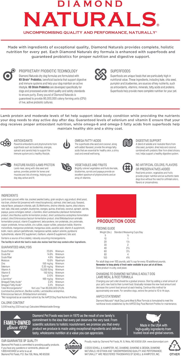 Amazon Com Diamond Naturals Adult Real Meat Recipe Premium Dry Dog Food With Real Pasture Raised Lamb Protein 40lb Pet Supplies