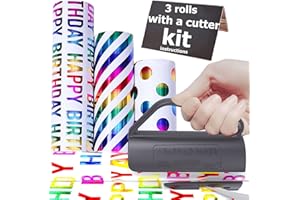 THMORT Colorful Foil Birthday Wrapping Paper Kit With Cutter for Kids & Adults, 17 x 120 Inch Mini Rolls With Rainbow Lettering