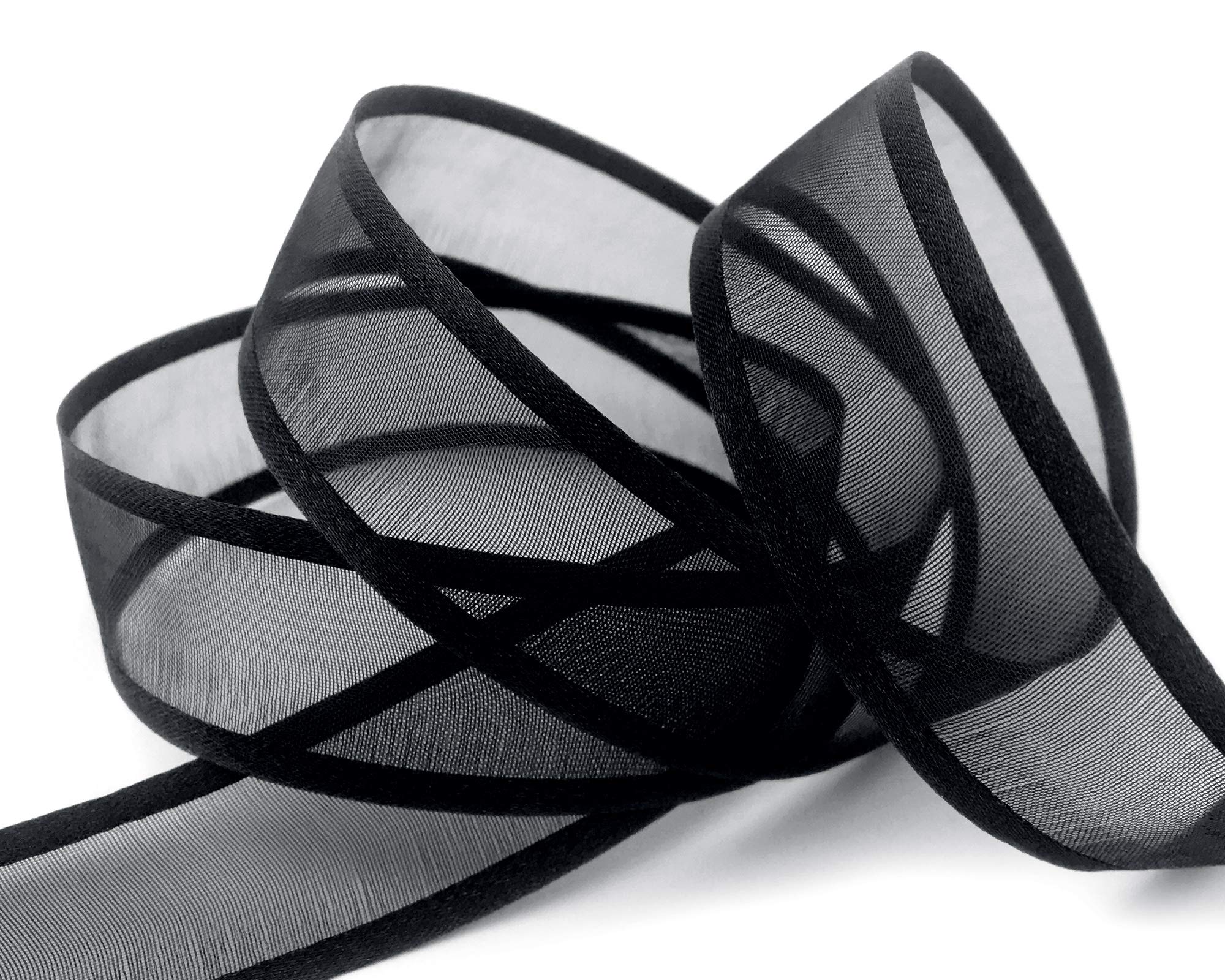 finemark 25 m x 25 mm Chiffon Ribbon with Satin Edge Black (09) Chiffon Decorative Ribbon Gift Ribbon Semi-Transparent Shiny Without Wire Organza
