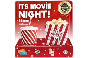 Cheshire Gifts Movie Night Supplies 36 Pcs - Popcorn Bags (24ct) & Movie Night Snack Trays (12ct) - Movie Theater Decor & Popcorn Bowls For Family Movie Night