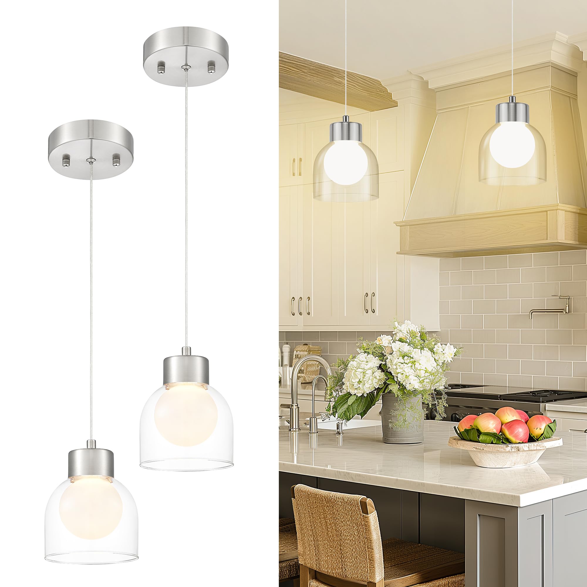 Photo 1 of LMS 2-Pack Industrial LED Pendant Light, Brushed Nickel Pendant Light Fixtures with White & Clear Double Glass, Adjustable Hanging Ceiling Light Fixtures for Dining Room Bedroom, LMS-601PL-BN2PK