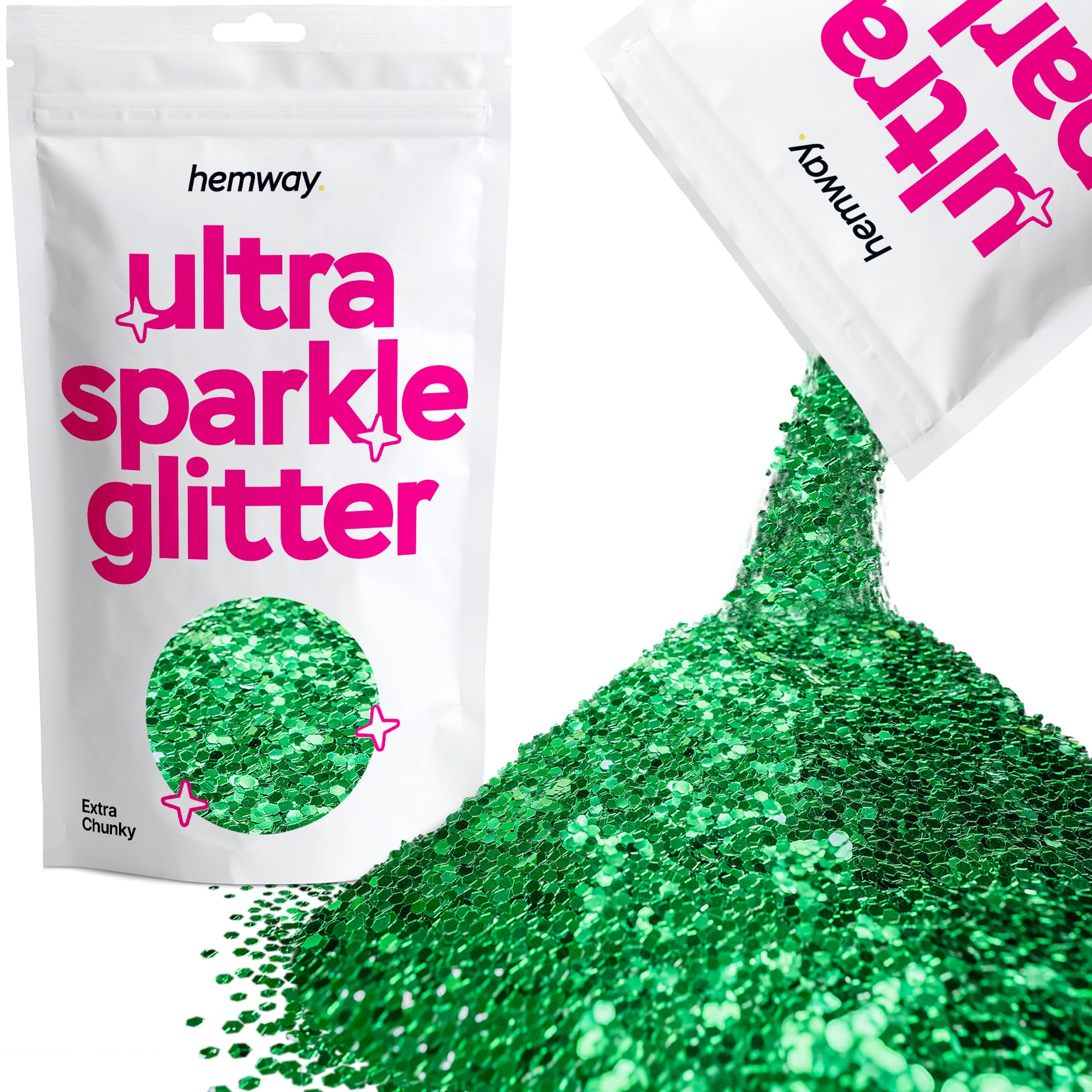 Hemway Ultra Sparkle Glitter Emerald Green 100g Extra Chunky | Glitter for Arts & Craft, Makeup, Nail Art, Crafting, Card Making, Sparkle Decoration