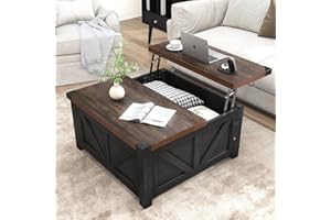 jimeimen Farmhouse Lift Top Coffee Table with Storage, Wood Square Center Table with Charging Station&USB Ports, Living Room Central Table w/Large Hidden Space, for Living Room, Bedroom,Home Office