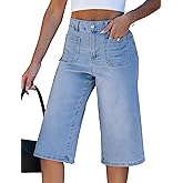 luvamia Capri Jeans for Women Wide Leg Trendy High Waisted Patch Pocket Loose Straight Casual Stretchy Denim Capri Pants