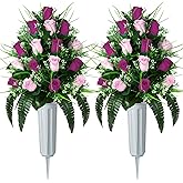 XONOR 2 Sets Artificial Cemetery Flowers, Grave Decorations Roses, Memorial Flowers Bouquet with Vase for Grave Cemetery Decoration (Purple&Pink)