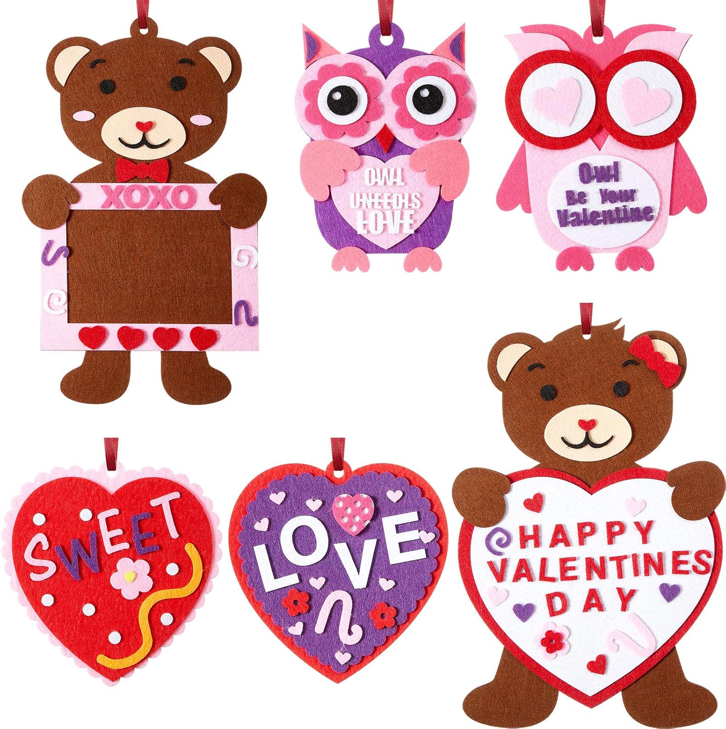 Zonon 6 Set Valentine’s Day Felt Craft Kits, Heart Owl Love Bears DIY Felt Creative Hanging Ornament for Home Activities, School Art Projects, Handmade Presents