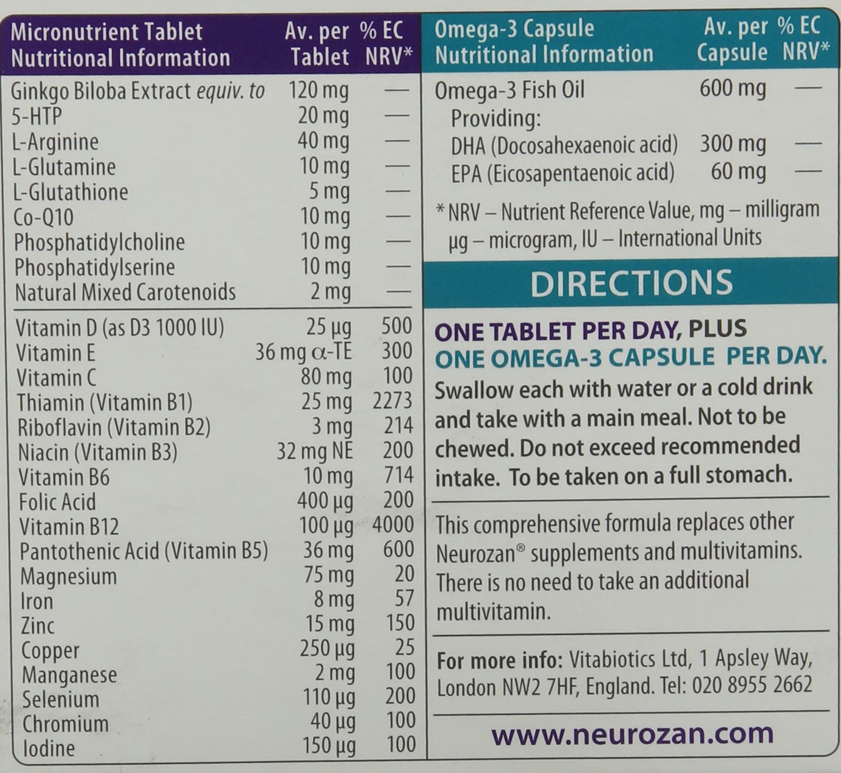 Vitabiotics Neurozan Plus 56 Tablets/Capsules Buy Online in UAE