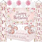 Pink Flowers Birthday Decorations for Women Girls Glitter Rose Gold Floral Happy Birthday Banner Backdrop Balloons Tablecloth Paper Pom Poms for Baby Shower Wedding Birthday Party Supplies