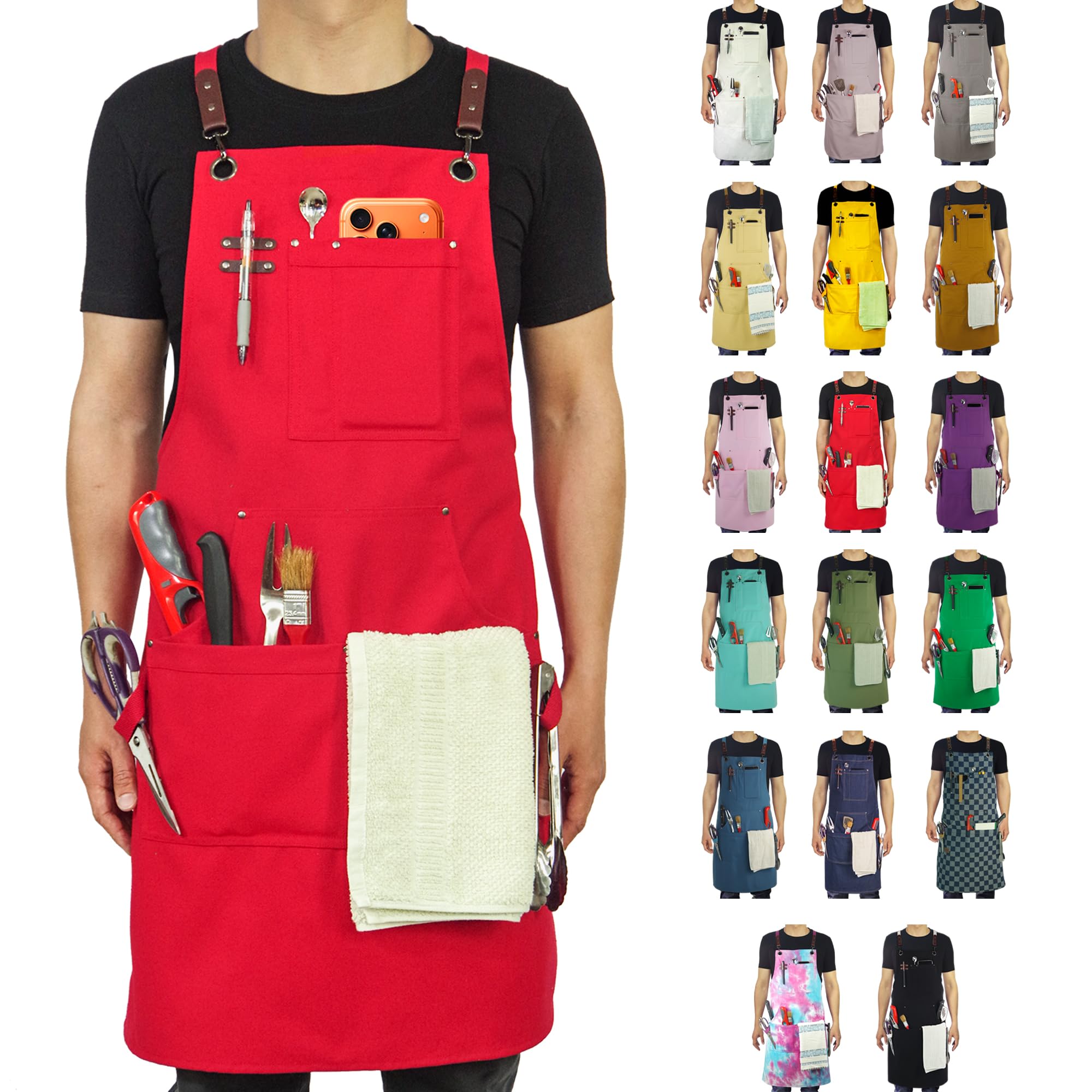 Stenffy Kitchen Apron, Work Apron, Multiple Pockets for Gardening, Artist, Painting, BBQ, Carpenter, Sizes M to XXL, Red