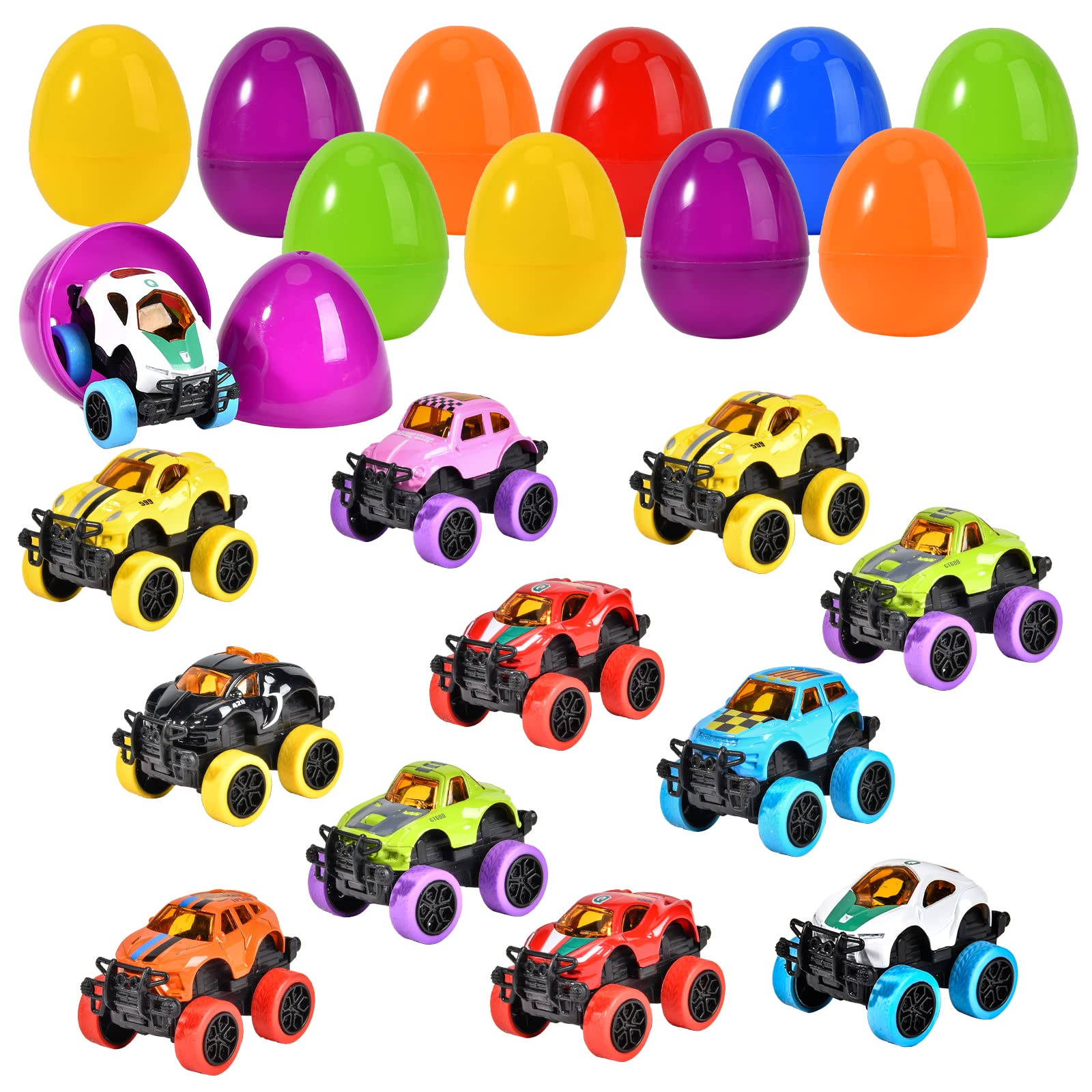 Shemira Easter Eggs Filled with Pull Back Monster Car Trucks for Easter Basket Stuffers, Easter Egg Hunt, Kids Easter Party Favor, Easter Basket Essentials Toys Gifts for Boys Kids, 12 Pack