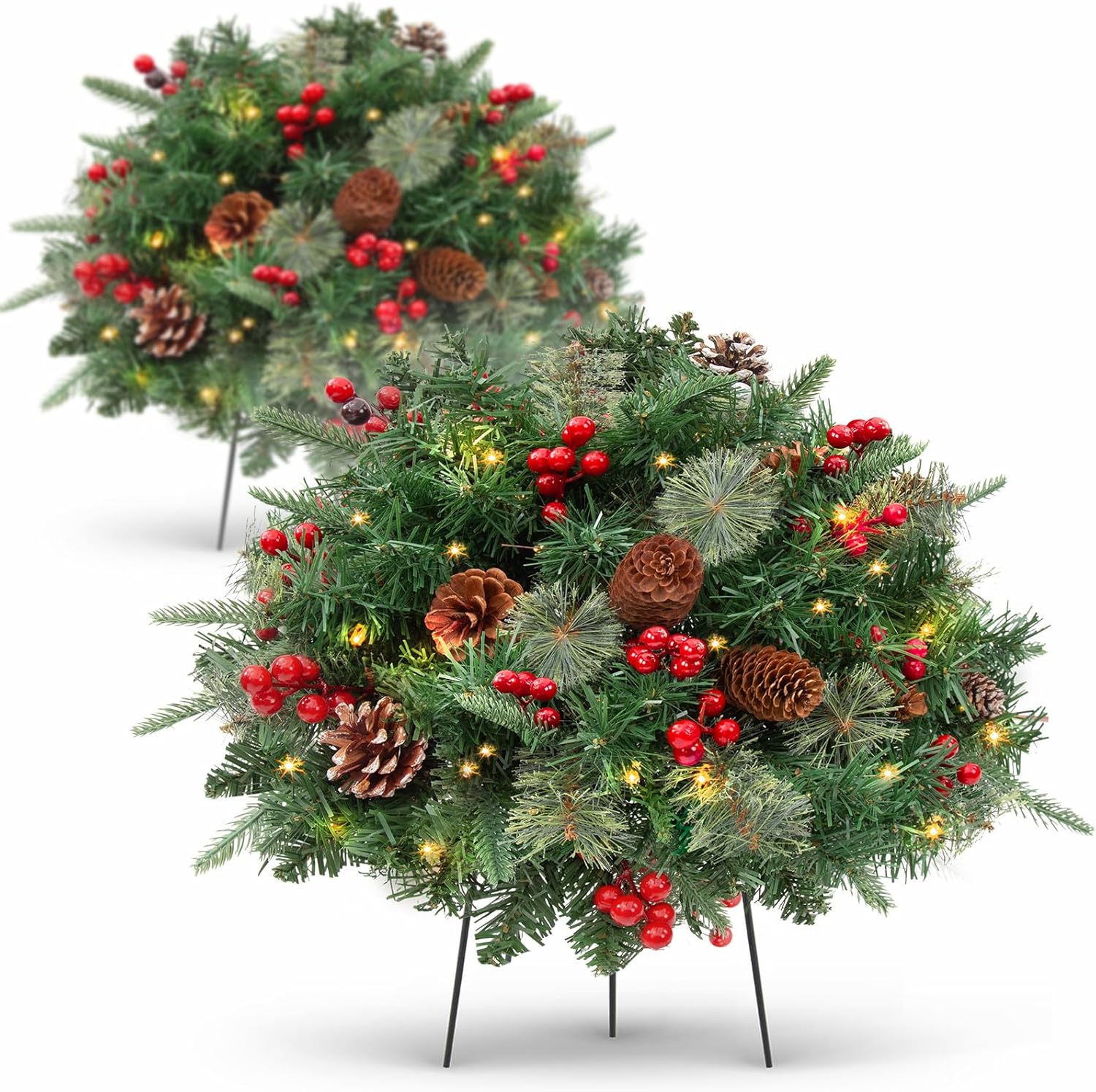 Trees - JAZIPO 18 Inch Pre-lit Christmas Tree, Frosted Urn Filler with LED Lights Battery 8 Modes Timer, Red Berries Pine Cones Outdoor Xmas Decor for Pathway and Porch, 2 Set