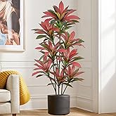 Roselywed Artificial Red Dracaena Tree 6FT with 132 Leaves & 8 Heads & White Planter Cover with Coconut Fiber Tall Faux Tropical Silk Bicolor Plant 72 Inch for Indoor Home Office Porch Mall Decor