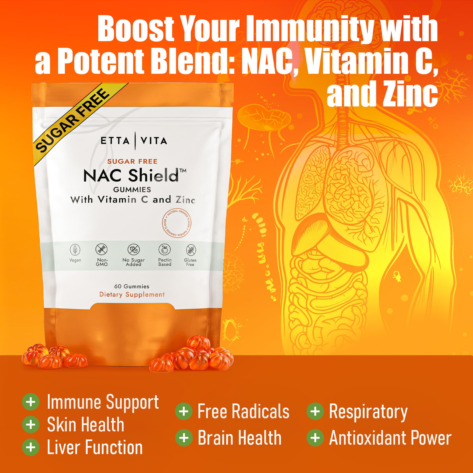 Sugar-Free NAC Gummies (Immune Support Complex) N-Acetyl Cysteine, Vitamin C & Zinc - Supports Respiratory Health, Liver Detox & Cleanse, Kidney Function, NAC Supplement for Kids and Adults - Vegan