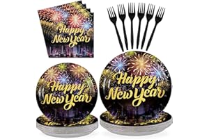 GRENCIAN 96Pcs Happy New Year Party Supplies 350 GSM Firework New Years Plates and Napkins Tableware Sets New Years Party Decoration Favors for 2026 New Year Eve Family Gathering Party Decor,Serves 24