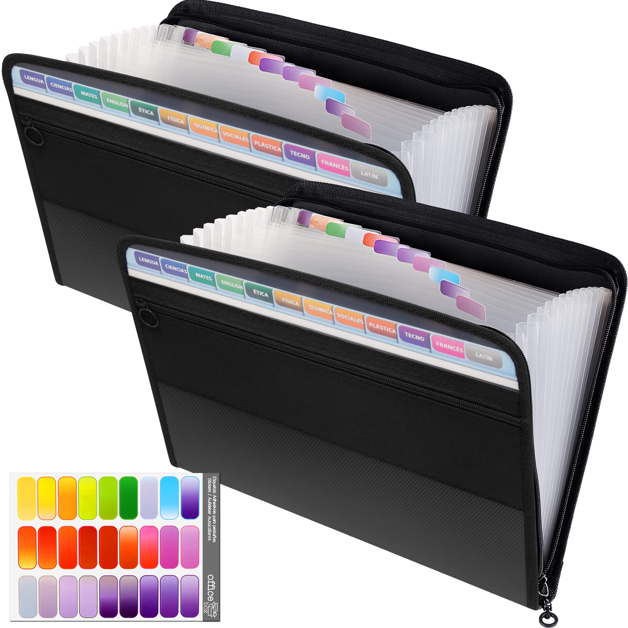 Thimmamma 2 Pack Expanding File Folders A4, 13 Pockets Filing Accordion Folder Document Organiser w/ Zipper, Black Portable Wallet Document Bill Storage Expander w/ Colored Tags for Office & School